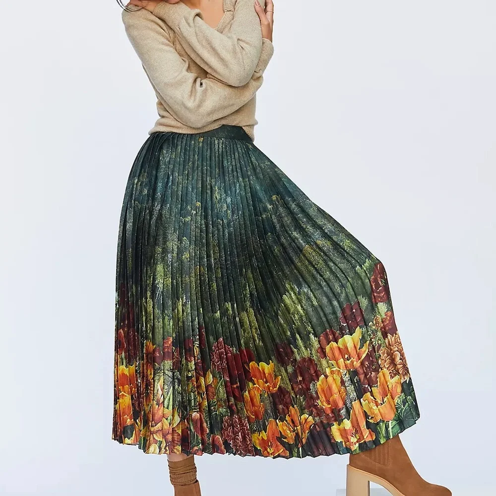 Anthropologie Geisha Designs Forest Pleated Midi Skirt Size XS - Picture 1 of 7